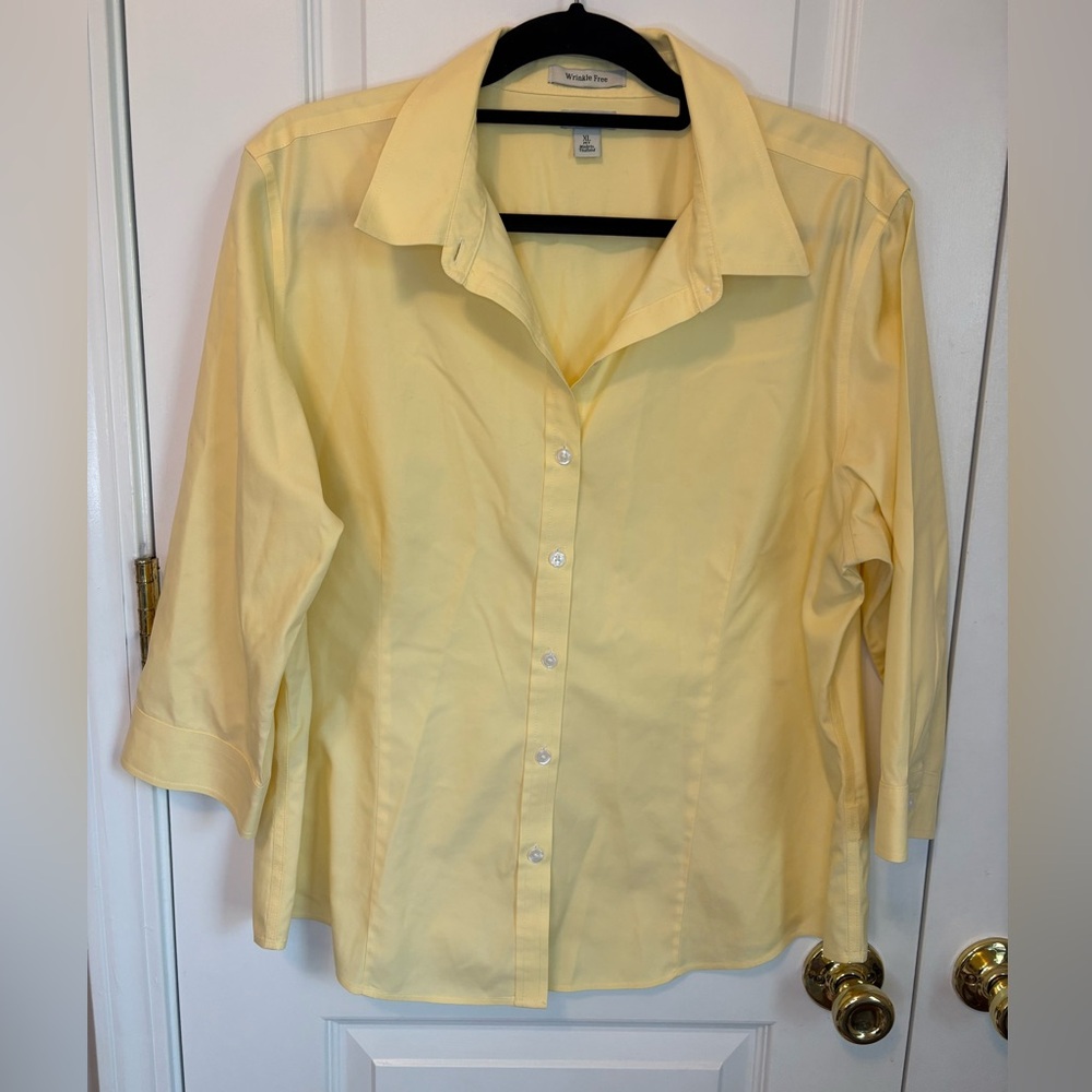 L.L.Bean Wrinkle Free Button Down Shirt XL Petite Yellow 3/4 Sleeve